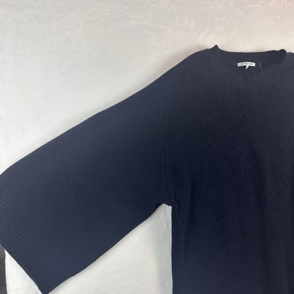 Helmut Lang Womens L Wool Cashmere Sweater Navy Oversized Batwing Dolman Sleeve
